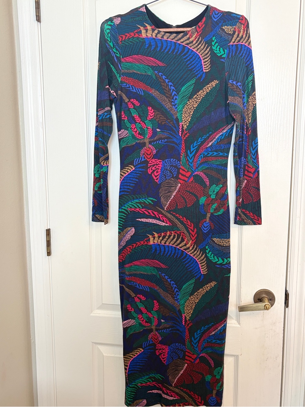 FARM Rio Amazonia Night Long Sleeve Midi Bodycon Dress S tropical botanical - Picture 12 of 12
